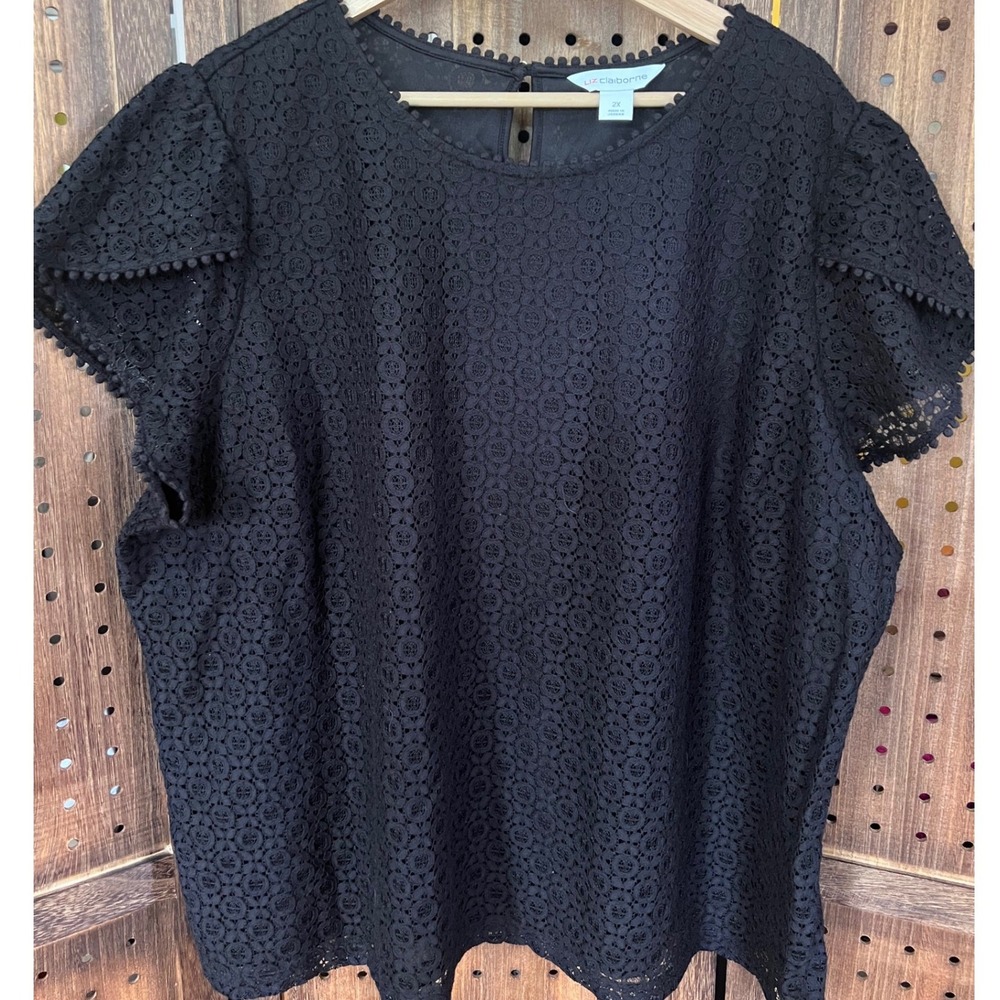 Liz Claiborne Black Lace Overlay T Shirt Blouse Size 2X retro goth coquette